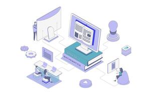 Online studying isometric concept in outline isometry design for web. People reading digital books at computer, learning with ebooks and textbooks, doing homework distantly. illustration. vector