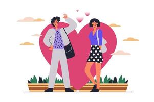 Couple at rendezvous web concept with people scene in flat design. Woman and man on romantic date with heart symbol flirting and having match. illustration with character situation for web vector