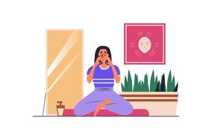 Massage face web concept with people scene in flat design. Woman doing facial lifting massage using hands technique, doing care drainage routine. illustration with character situation for web vector