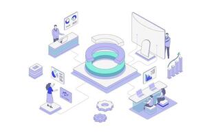 Data analysis isometric concept in outline isometry design for web. People studying diagram and chart, researching statistics for financial reports, analyzing graph dashboard. illustration. vector