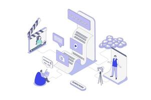 Blogging isometric concept in outline isometry design for web. People creating new content in social media and blogs, posting and sharing to followers, makes promotion. illustration. vector