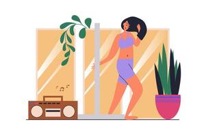 Strip dance web concept with people scene in flat design. Woman doing sensual pole dance training and learning new moving in ballroom studio. illustration with character situation for web vector