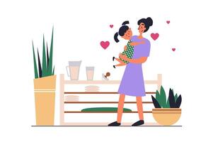 Motherhood web concept with people scene in flat design. Happy mother holding and hugging little daughter, enjoys maternity and relationship. illustration with character situation for web vector