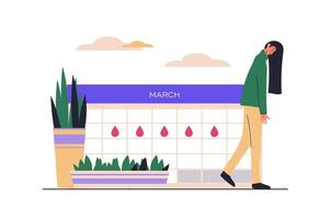 Critical days web concept with people scene in flat design. Woman takes care herself in her menstrual period, marks dates on calendar with drops. illustration with character situation for web vector