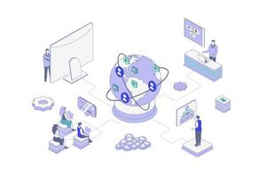 Social network isometric concept in outline isometry design for web. People communicating online with global friends, subscribing to blog profiles, likes, shares of new posts. illustration. vector