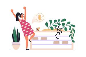 Pregnancy web concept with people scene in flat design. Happy pregnant woman with big belly waiting for baby and preparing for childbearing. illustration with character situation for web vector
