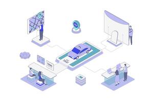 Taxi service isometric concept in outline isometry design for web. People ordering car online with mobile app or computer, passenger tracking route at digital map in application. illustration. vector
