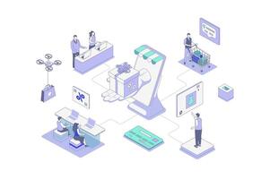 Discount of goods isometric concept in outline isometry design for web. People doing online shopping and getting gifts with store loyalty program, best offer prices in shop. illustration. vector
