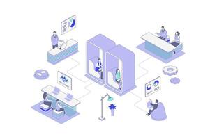 Coworking isometric concept in outline isometry design for web. People working on laptop in open space office, colleagues team meeting, freelancers doing tasks at workplace. illustration. vector
