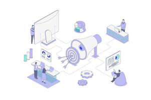 Digital marketing isometric concept in outline isometry design for web. People attracting audience, targeting goals, making online promotion and advertising in social networks. illustration. vector