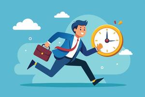Businessman Running With a Clock Against Time in a Blue Sky vector