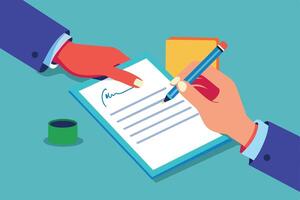 Hand Signing Document With Blue Pen on Table vector