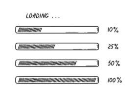 Set of doodle loading bars. Sketch download progress illustration, Upload status indicator. Computer user interface design element. vector