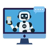 Cute chat bot robot on the computer monitor screen showing smartphone vector