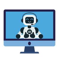 Cute chat bot robot shows thumbs up on the computer monitor screen vector