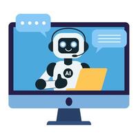 Cute chat bot robot with yellow laptop shows thumbs up on the computer monitor screen vector