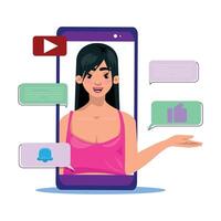 Illustration of a young woman on a mobile phone display, giving a thumb up. Around her, there are speech bubbles with online messages, a notification bell and a play button vector