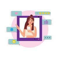 Illustration of a woman posing for a selfie with a smartphone, featuring various social media interaction icons around her, such as notifications, likes and comments vector