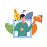 man with megaphone in social media window announcing news, surrounded by leaves and paper plane vector