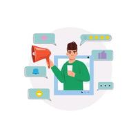 Man with a megaphone using his phone in a social media window, with speech bubbles around him indicating active communication. Social Media concept. vector