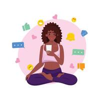 Illustration of a woman in a relaxed pose with a phone in her hand, surrounded by social media elements like notifications, likes and messages on a pink background vector