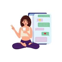 Illustration of a woman in a yoga pose, using her cellphone while making a peace sign. Behind her, a large mobile phone screen showcases an active chat conversation with speech bubbles vector
