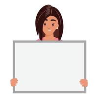 Smiling woman holding a blank banner for adding your own design, text or message vector