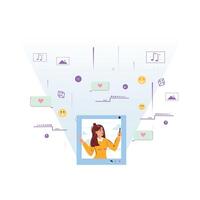 Young woman using a smartphone, shown inside a large digital interface with a gradient backdrop. The interface is surrounded by icons representing social interactions vector