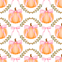 Pumpkin and pink coquette bow trellis seamless repeating pattern, Preppy grandmillennial fall digital paper background for fabric print png
