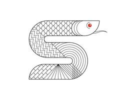 Abstract geometric Chinese snake zodiac symbol with art linear pattern. Asian sacred graphic style modern shape mythical animal design of wisdom. Japanese traditional ancient serpent. Eps vector