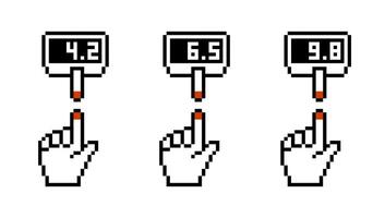 Glucometer pixel icon for glycemic measurement set. Diabetic glucose measuring device symbol. Blood sugar normal, risk and high level test control sign. Diabetes indicator monitoring collection. Eps vector