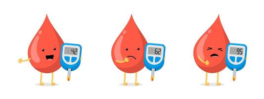 Cute cartoon blood drop character with glucometer set. Diabetic glucose measuring device. Normal, risk and high sugar level test control. Diabetes indication measurement collection eps isolated vector