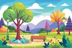 Park Bench Under a Bright Sky With Trees and Mountains vector