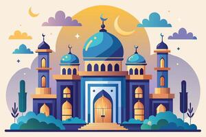 Nighttime View of a Mosque With Golden Domes and Minarets vector