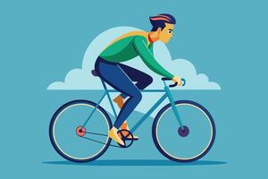 Man Riding Bicycle Through Clouds on Blue Background vector