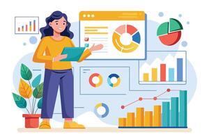 Woman Presenting Business Analytics Data With Charts and Graphs vector