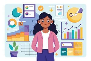 Woman Standing Confidently in Front of Data Charts and Graphs vector