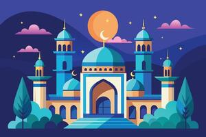Nighttime View of a Mosque With a Crescent Moon and Stars vector
