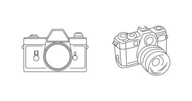 Hand drawn set of camera icon in Black and white. Outline, stroke and line art illustration. vector