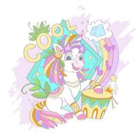 Cute unicorn with a drum card illustration vector