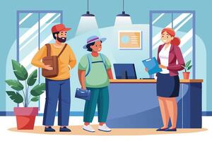 Two Travelers Checking In At A Hotel Reception Desk vector