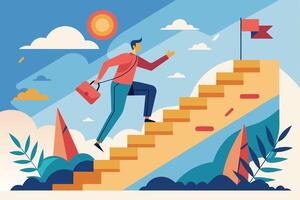 Man Climbing Stairs Towards Success With Briefcase and Flag vector