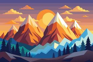 Sunset Over Snowy Mountains With Forest in Foreground vector