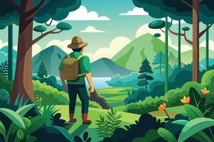 Hiking Backpacker Admires Mountain View on Sunny Day vector