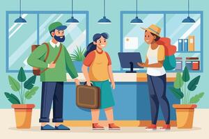 Tourists Checking In at Hotel Reception Desk vector
