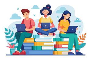 Three Students Studying With Laptops on a Stack of Books vector