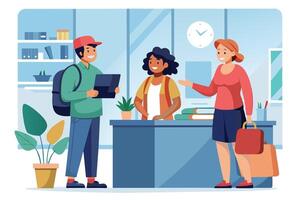Young Man With Backpack and Tablet Stands at Office Counter While Speaking With Two People vector
