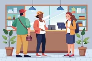 Three People Waiting in Line at a Counter in an Office Setting vector