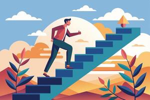 Man Ascending Stairs Towards Success in a Sunny Daytime Landscape vector