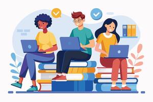 Three Diverse Students Studying With Laptops on Stacks of Books vector